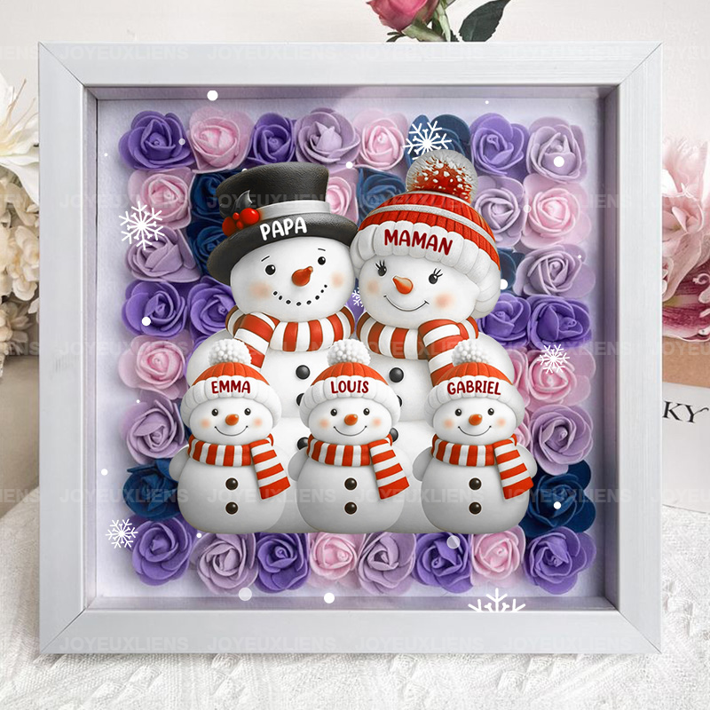 Boîte à fleurs de Noël sur le thème du bonhomme de neige avec le nom de l'enfant