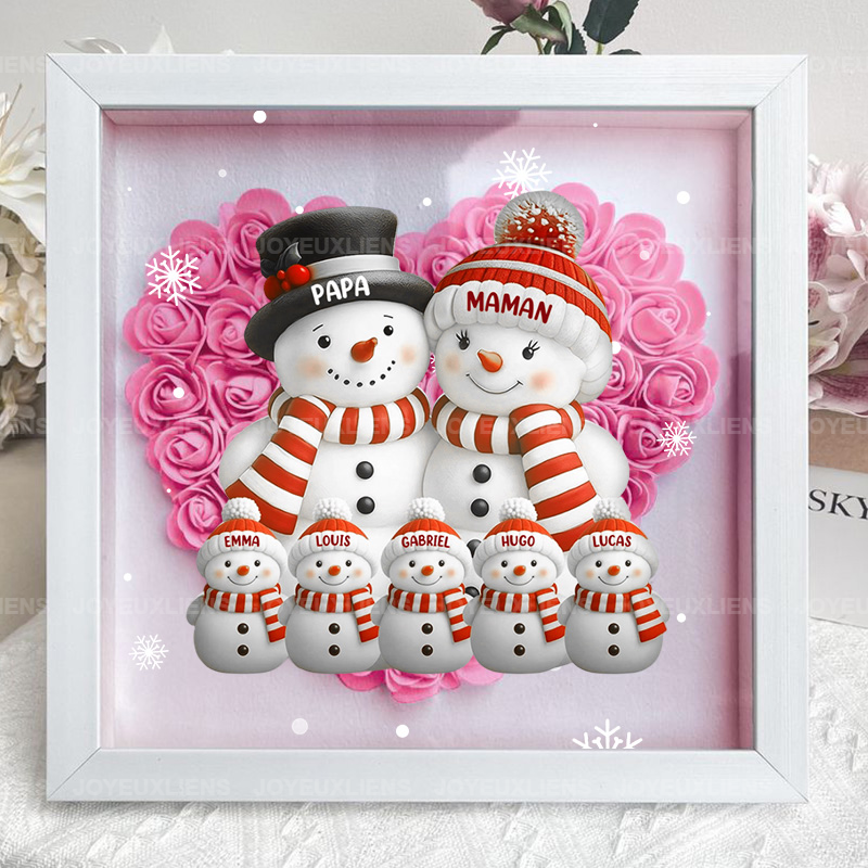 Boîte à fleurs de Noël sur le thème du bonhomme de neige avec le nom de l'enfant