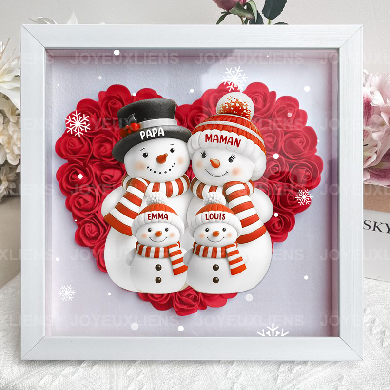 Boîte à fleurs de Noël sur le thème du bonhomme de neige avec le nom de l'enfant