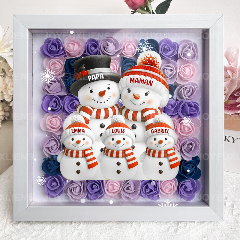 Boîte à fleurs de Noël sur le thème du bonhomme de neige avec le nom de l'enfant