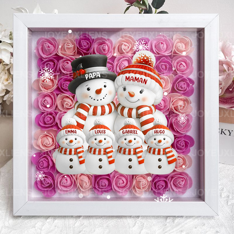 Boîte à fleurs de Noël sur le thème du bonhomme de neige avec le nom de l'enfant