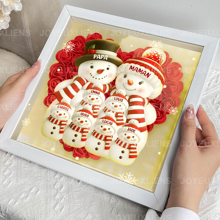 Boîte à fleurs de Noël sur le thème du bonhomme de neige avec le nom de l'enfant