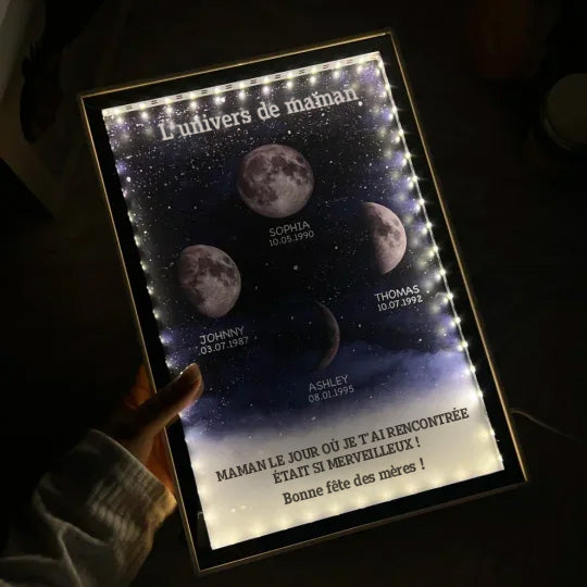 L'univers de maman/papa - Miroir lumineux personnalisé avec phases de lune étoilées