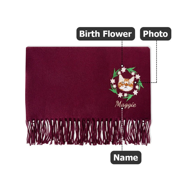 Écharpe à pompon brodée personnalisée avec photo d'avatar d'animal de compagnie, avec fleur de naissance et nom