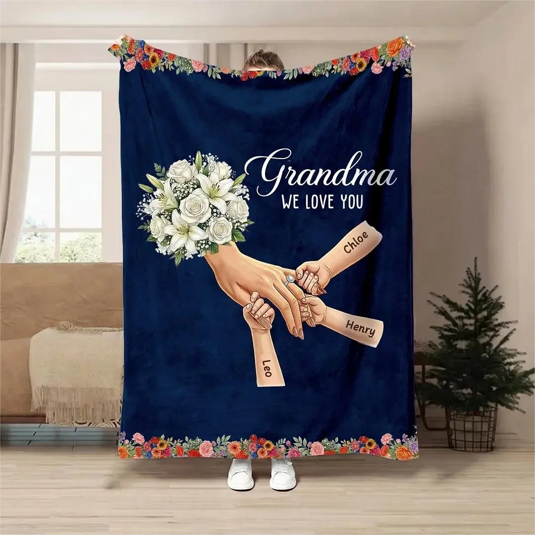 Plaid couverture personnalisée Maman mains entrelacées avec prénoms et fleurs