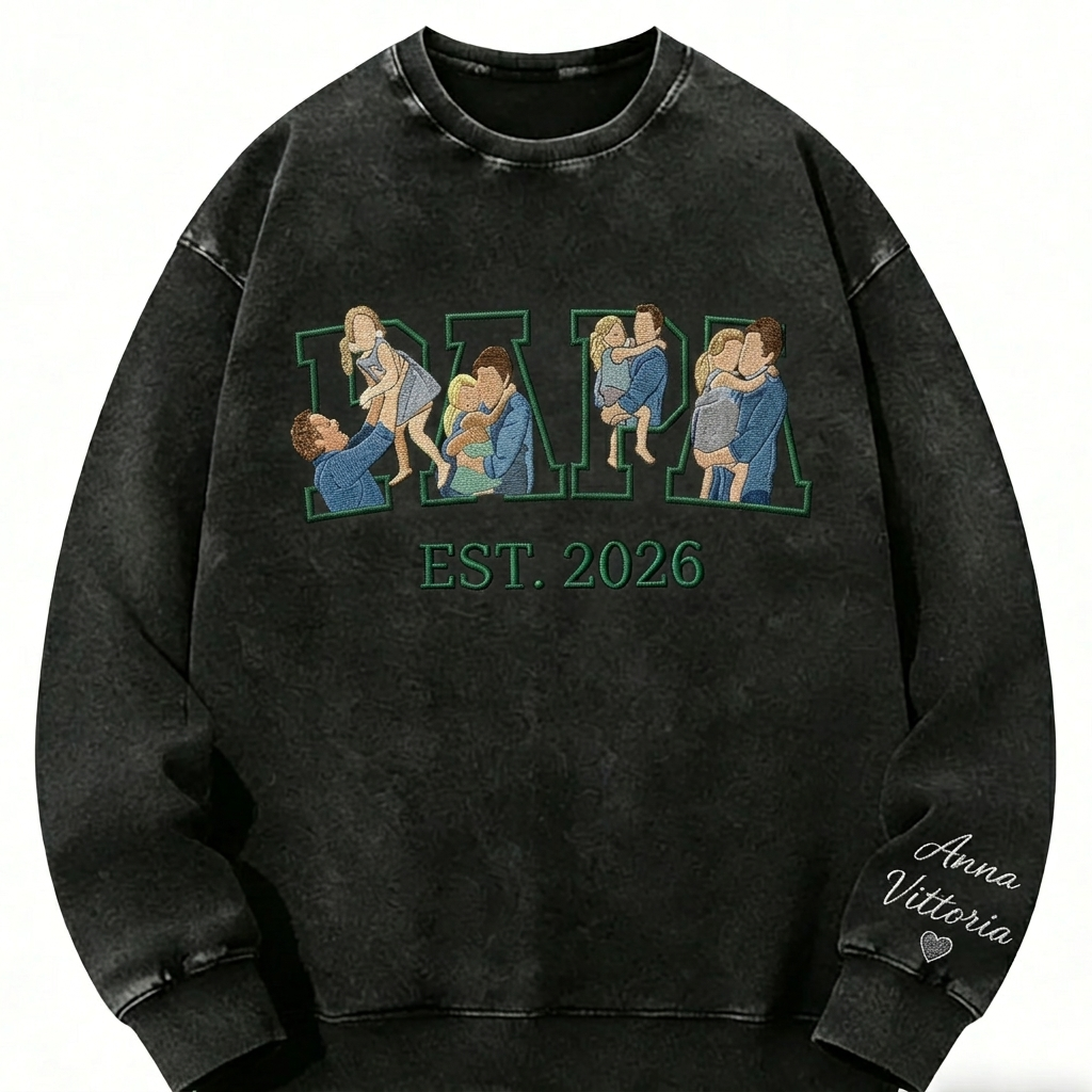 Sweat-shirt en coton délavé personnalisé, brodé d'un portrait de papa
