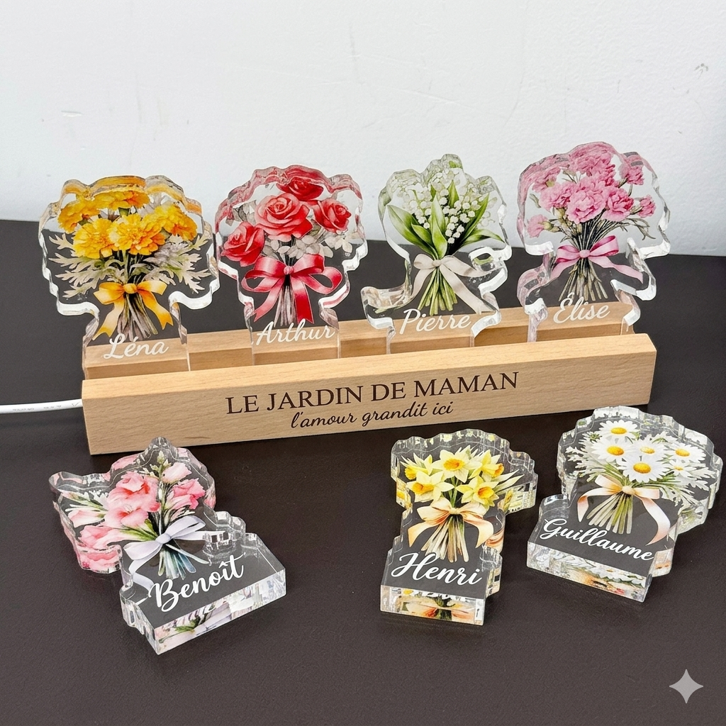 Bouquet de fleurs de naissance personnalisé avec les prénoms des enfants, en acrylique lumineux