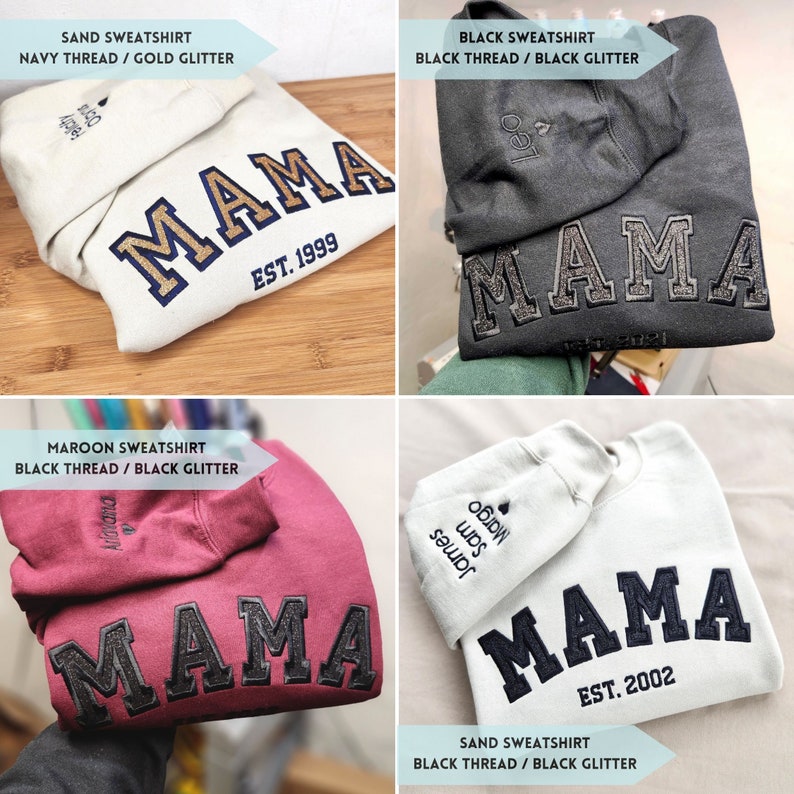 Sweat-shirt personnalisé pour maman avec paillettes brodées avec le nom de l'enfant sur la manche
