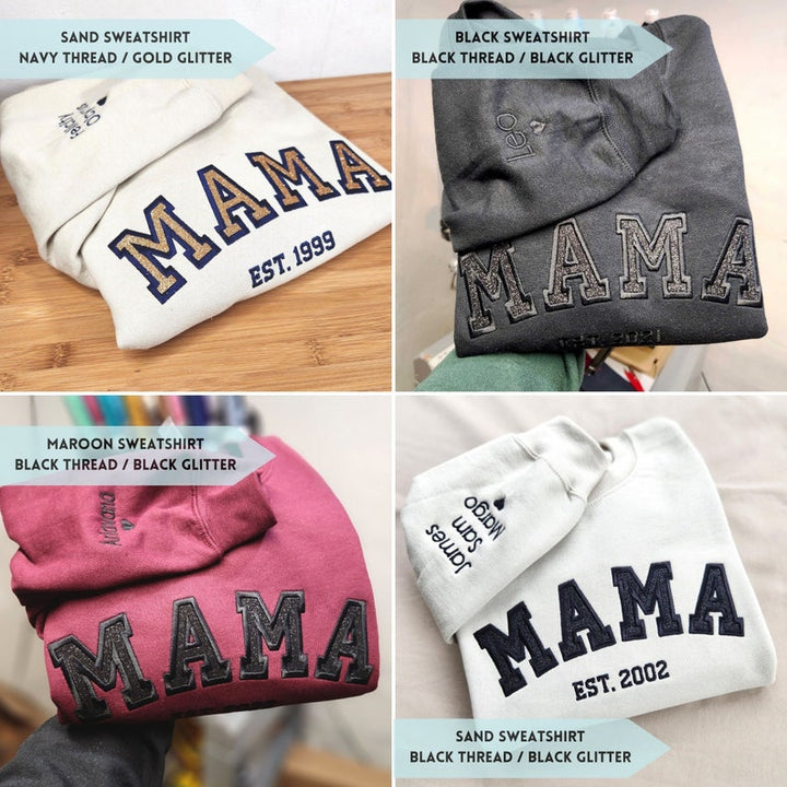 Sweat-shirt personnalisé pour maman avec paillettes brodées avec le nom de l'enfant sur la manche