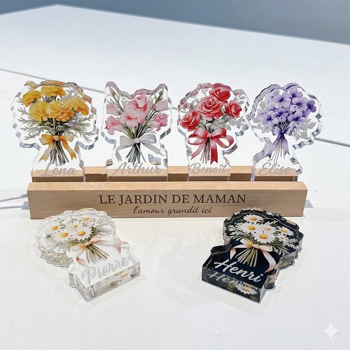 Bouquet de fleurs de naissance personnalisé avec les prénoms des enfants, en acrylique lumineux
