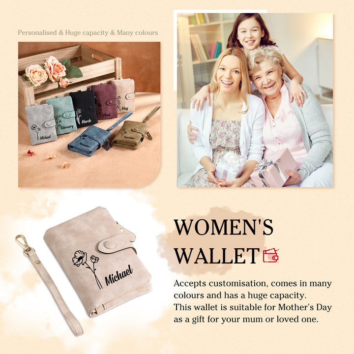 Portefeuille Fleur de naissance 1 Prénom Personnalisés Porte-Monnaie Carte pour Femmes