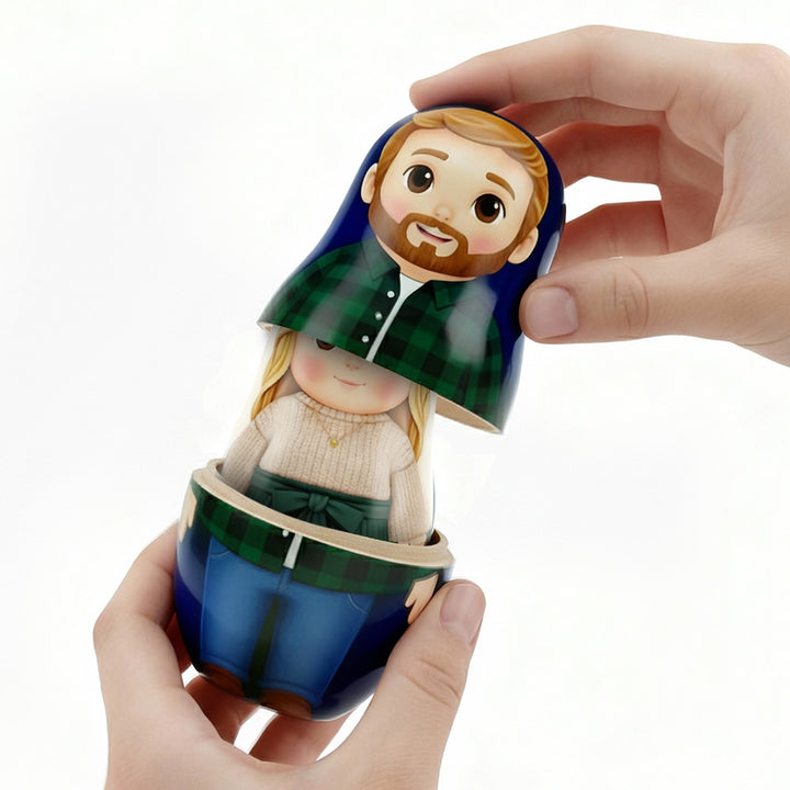 Poupée Russe Personnalisée Avec Portrait De Famille Style Dessin Animé - Cadeau De Noël Pour Couple