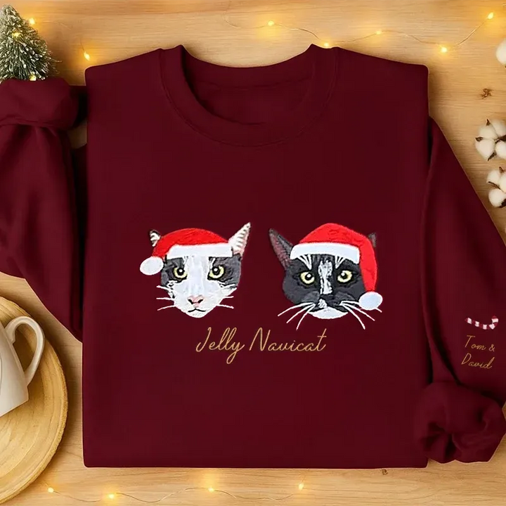 Sweat-shirt brodé en couleur avec portrait d'animal personnalisé (2025), avec chapeau de Noël en option
