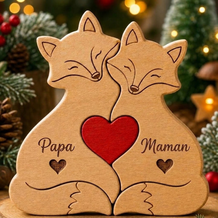 Puzzle Famille de Renards en Bois Personnalisé avec Prénoms– Décoration de Noël pour Toute la Famille