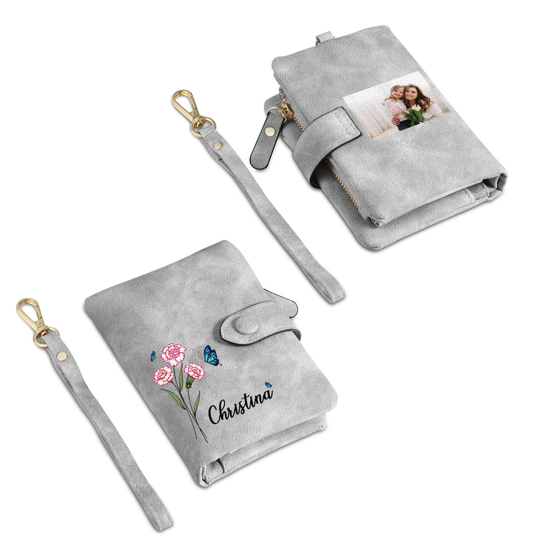 Portefeuille Fleur de naissance 1 Prénom et Photo Personnalisés Porte-Monnaie Carte pour Femmes