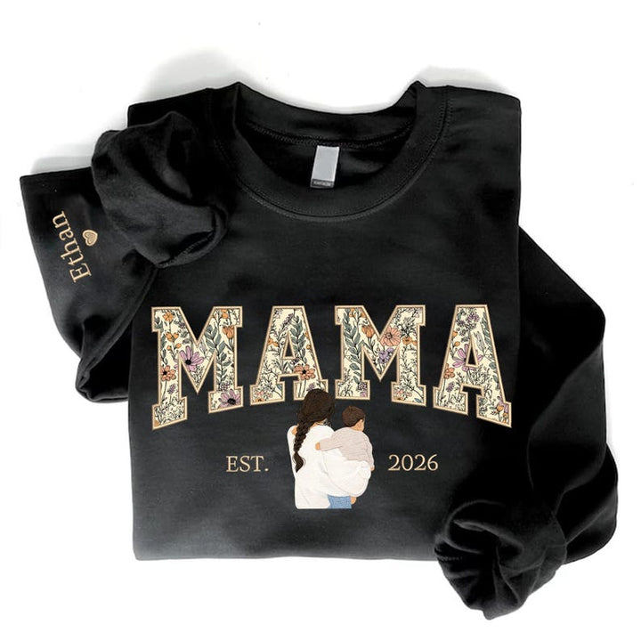 Sweat-shirt personnalisé brodé de motifs floraux avec portrait pour maman