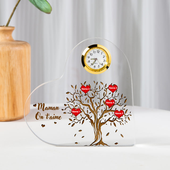 1-7 prénoms - Plaque acrylique en forme de coeur avec horloge Arbre de vie Arbre généalogique