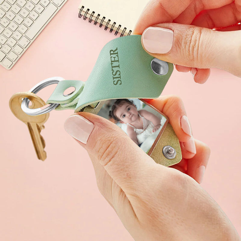 Porte-clés personnalisé en cuir avec photo + initiales - Cadeau unique