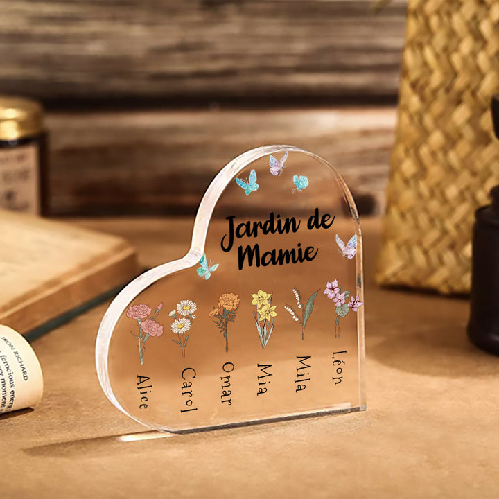 Plaque Acrylique en Forme de Cœur Personnalisée avec 1-6 Noms de Bouquet de Fleurs de Naissance
