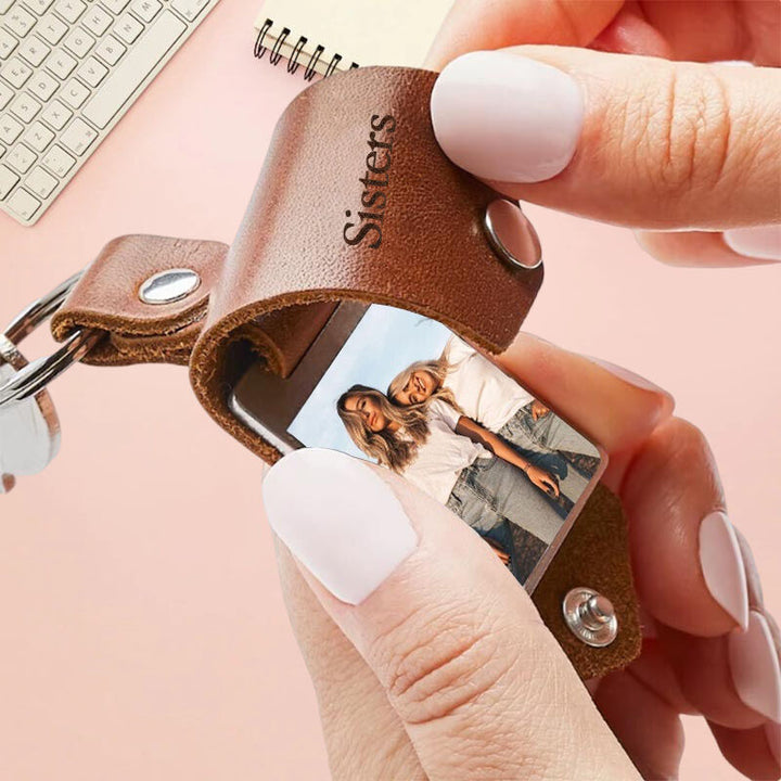 Porte-clés personnalisé en cuir avec photo + initiales - Cadeau unique