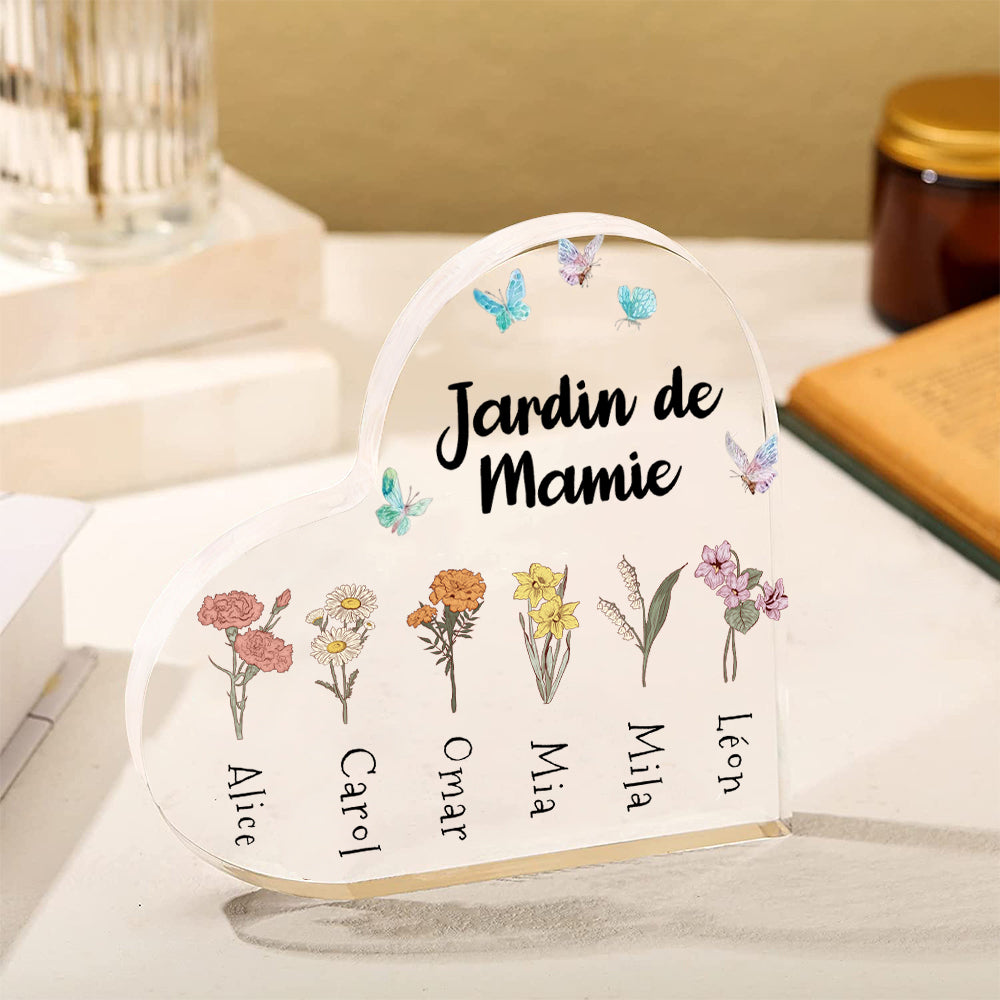 Plaque Acrylique en Forme de Cœur Personnalisée avec 1-6 Noms de Bouquet de Fleurs de Naissance