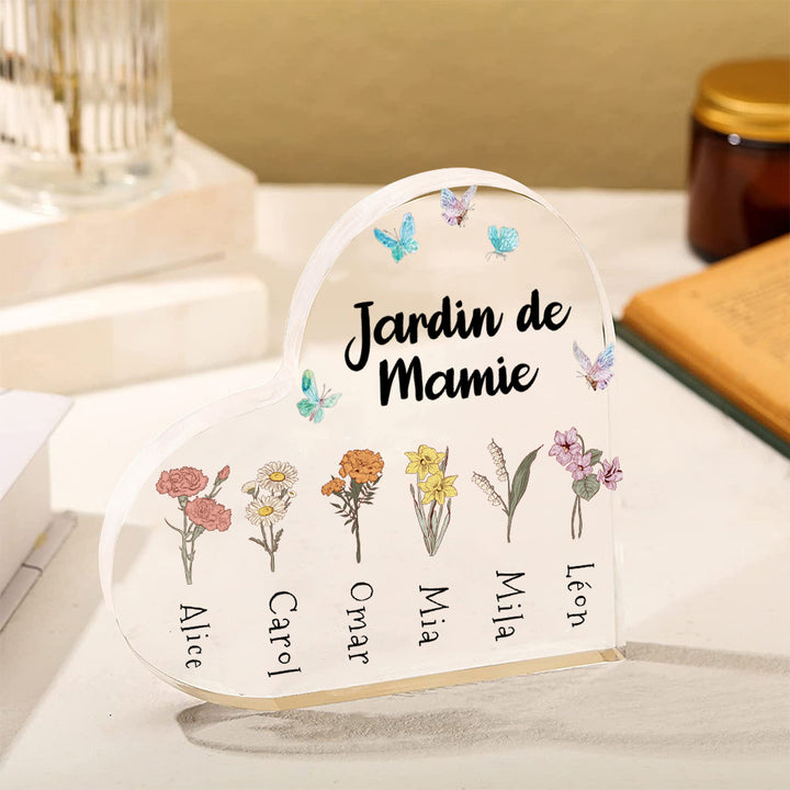 Plaque Acrylique en Forme de Cœur Personnalisée avec 1-6 Noms de Bouquet de Fleurs de Naissance