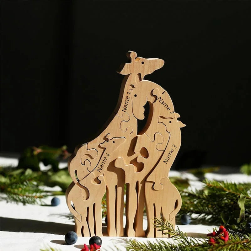 4 Prénoms🦒Puzzle familial de girafe en bois