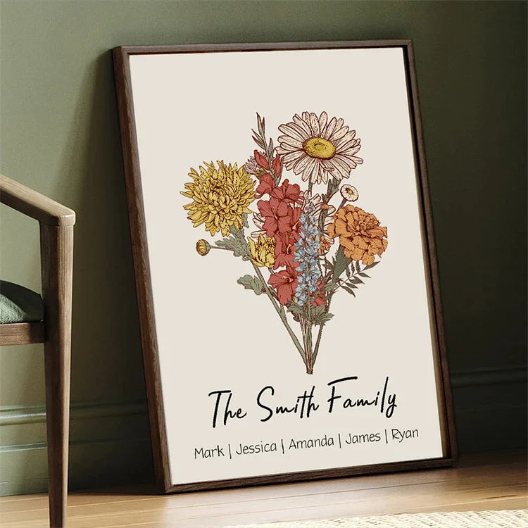 Cadre Personnalisé de Noms de Bouquet de Famille de Fleurs de Naissance cadre photo