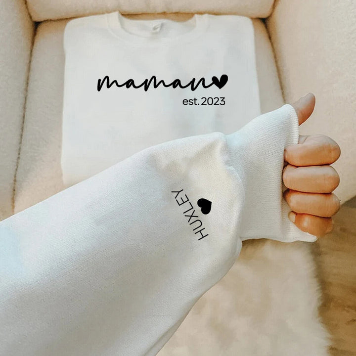 Sweat-shirt Mama personnalisé avec noms d'enfants sur la manche