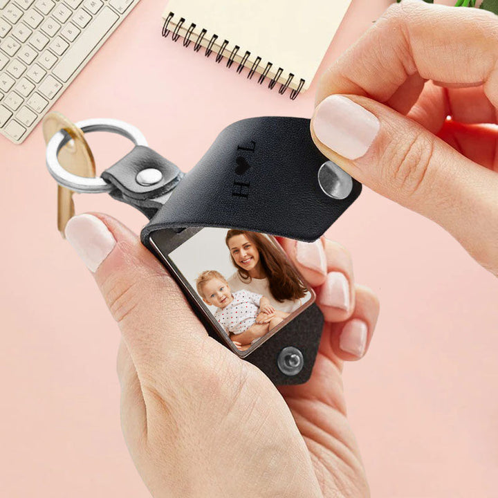 Porte-clés personnalisé en cuir avec photo + initiales - Cadeau unique