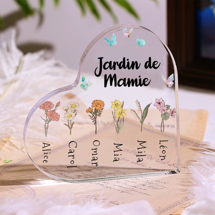 Plaque Acrylique en Forme de Cœur Personnalisée avec 1-6 Noms de Bouquet de Fleurs de Naissance
