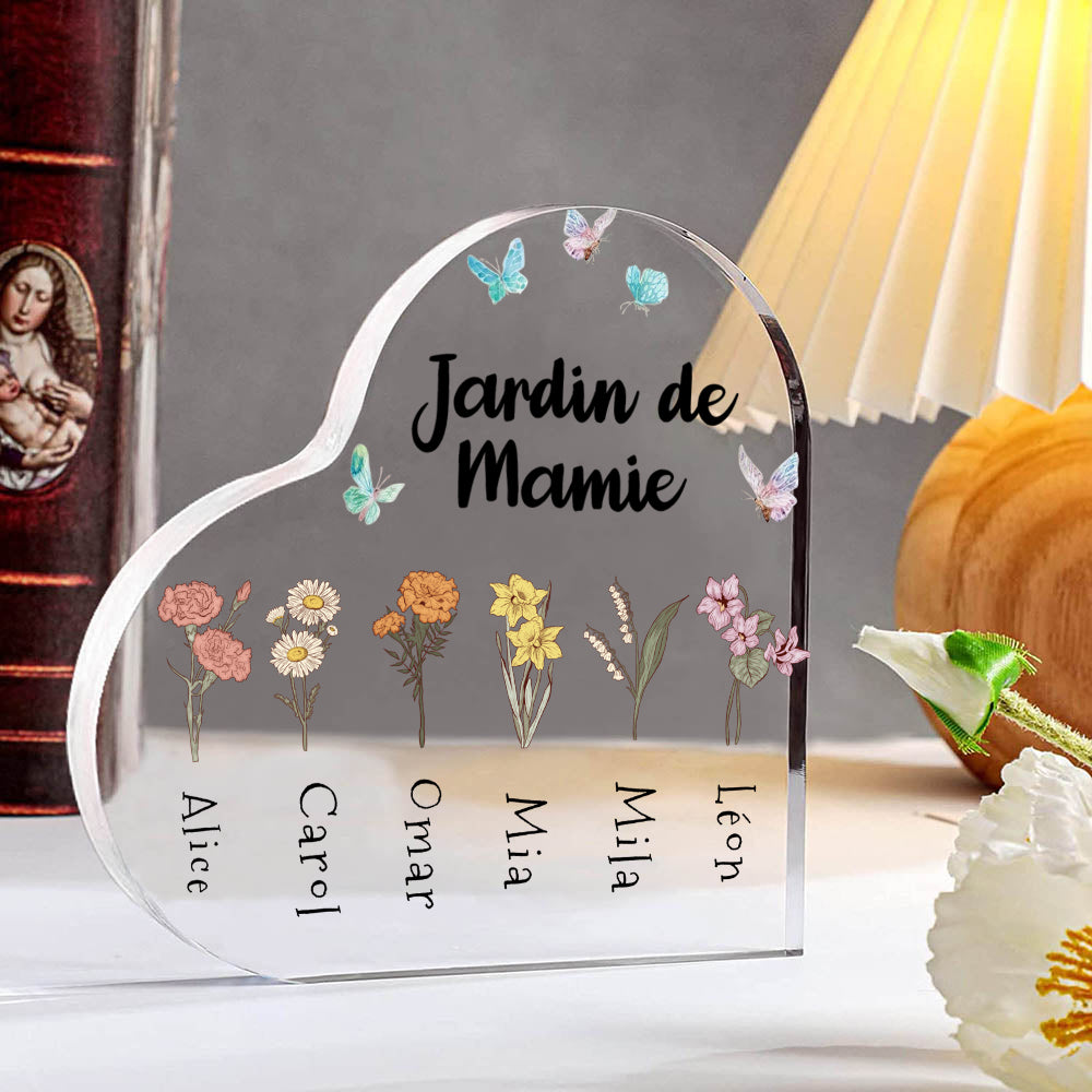 Plaque Acrylique en Forme de Cœur Personnalisée avec 1-6 Noms de Bouquet de Fleurs de Naissance