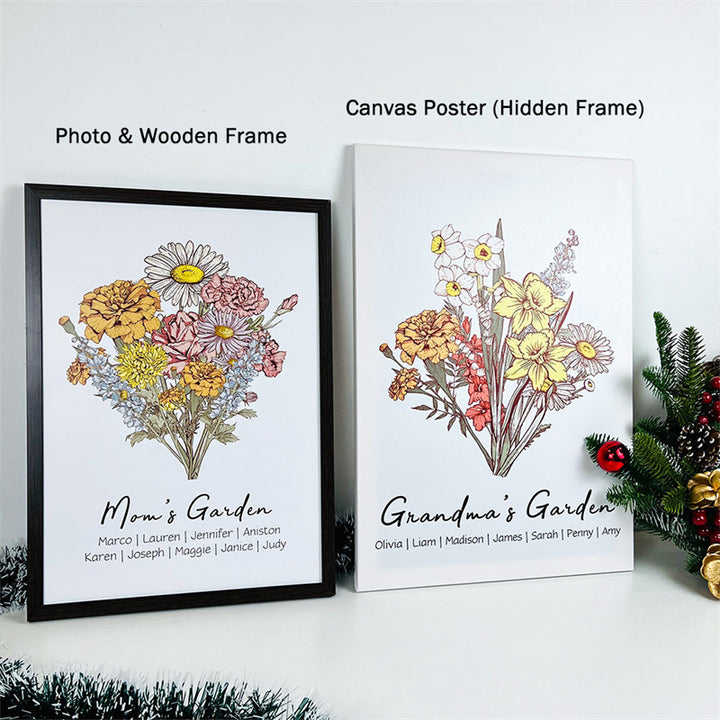 Cadre Personnalisé de Noms de Bouquet de Famille de Fleurs de Naissance cadre photo