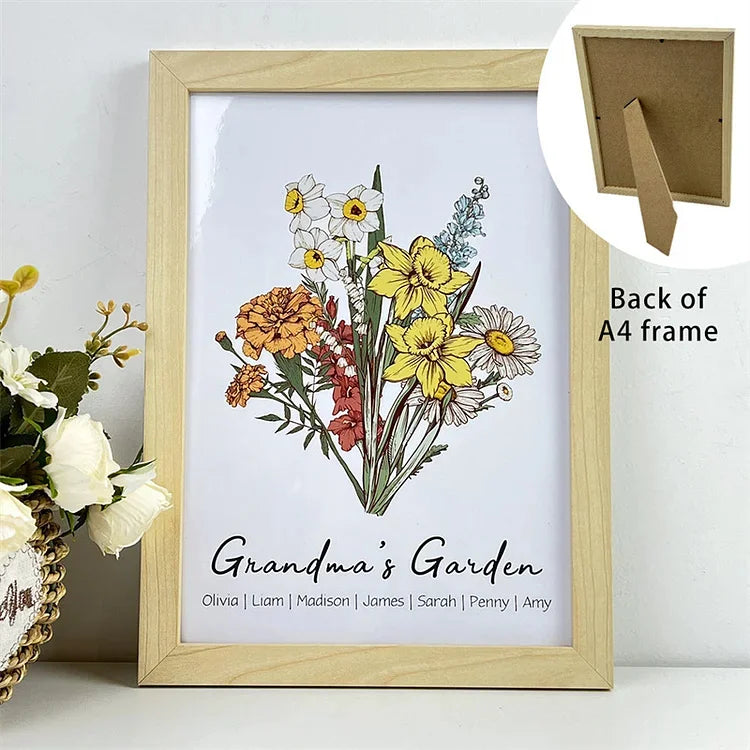 Cadre Personnalisé de Noms de Bouquet de Famille de Fleurs de Naissance cadre photo