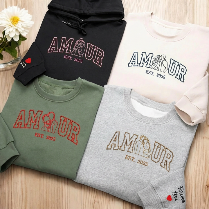 Sweat-shirt personnalisé avec portrait brodé photo AMOUR pour couple,Cadeaux de la Saint-Valentin💓