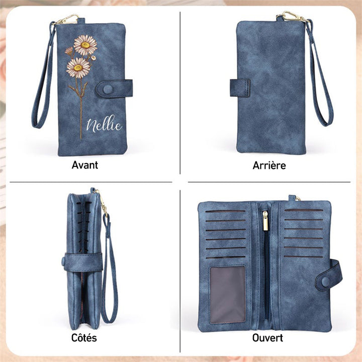Portefeuille long en cuir personnalisé pour femme, porte-monnaie avec fleur et nom de naissance,  cadeau de fête des mères pour maman