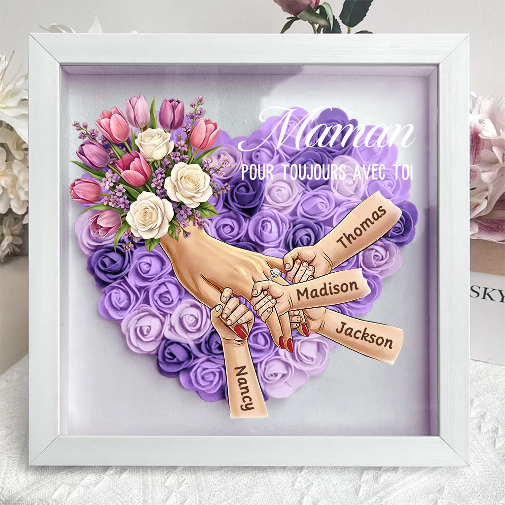 Boîte d’ombre cœur floral personnalisée Maman mains avec prénoms enfants et bague manicure
