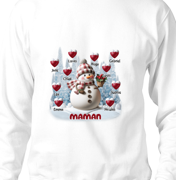 Sweat-shirt personnalisé Joyeux Noël Bonhomme de neige Grand-mère Maman Doux Cœur Enfants