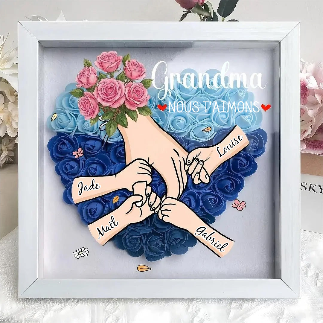Cadre Ombre Personnalisé "Maman, je t’aime" – Bouquet Fait Main & Mains Entrelacées