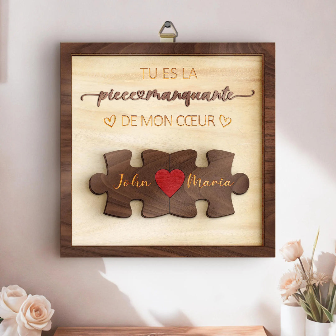 Panneau en bois personnalisé pour couple.,Tu es la pièce manquante de mon cœur,Cadeau avec prénoms gravés