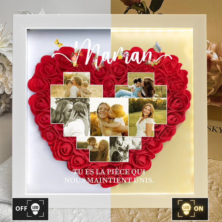 Boîte d’ombre cœur en roses personnalisée avec photos – Cadre souvenir familial