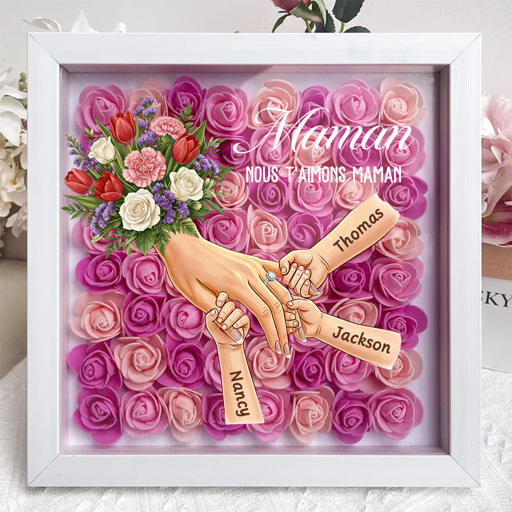 Boîte d’ombre cœur floral personnalisée Maman mains avec prénoms enfants et bague manicure