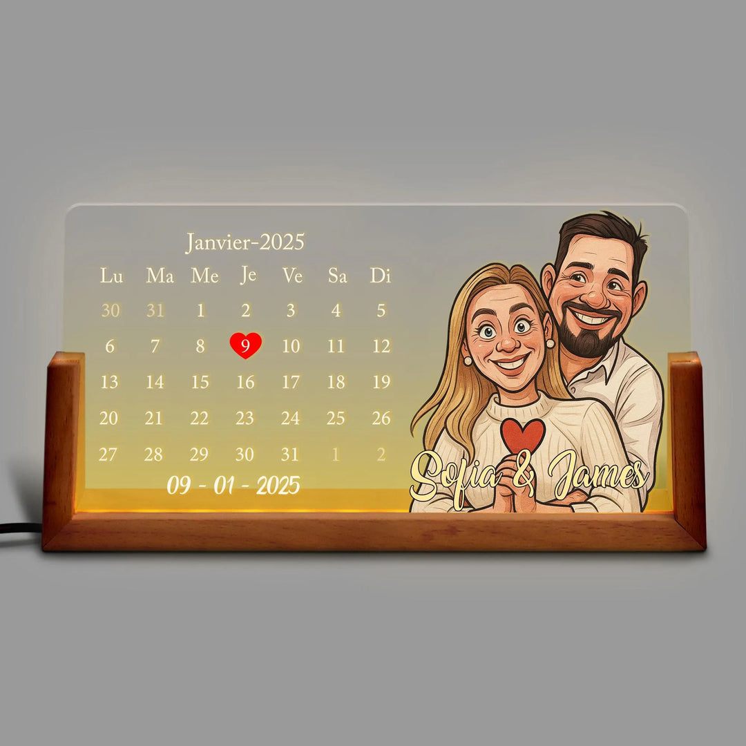 Lampe LED calendrier personnalisée avec portrait de couple, cadeau de Saint-Valentin