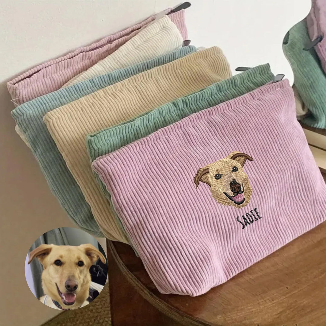 Trousse à maquillage brodée personnalisée avec portrait d'animal de compagnie