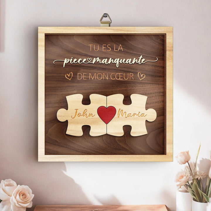 Panneau en bois personnalisé pour couple.,Tu es la pièce manquante de mon cœur,Cadeau avec prénoms gravés