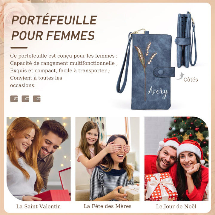 Portefeuille long en cuir personnalisé pour femme, porte-monnaie avec fleur et nom de naissance,  cadeau de fête des mères pour maman