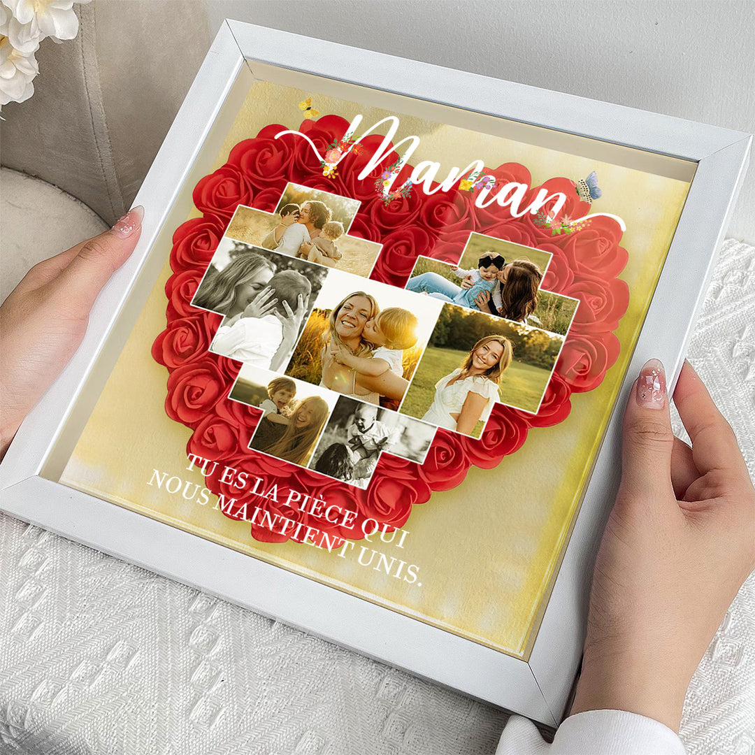 Boîte d’ombre cœur en roses personnalisée avec photos – Cadre souvenir familial