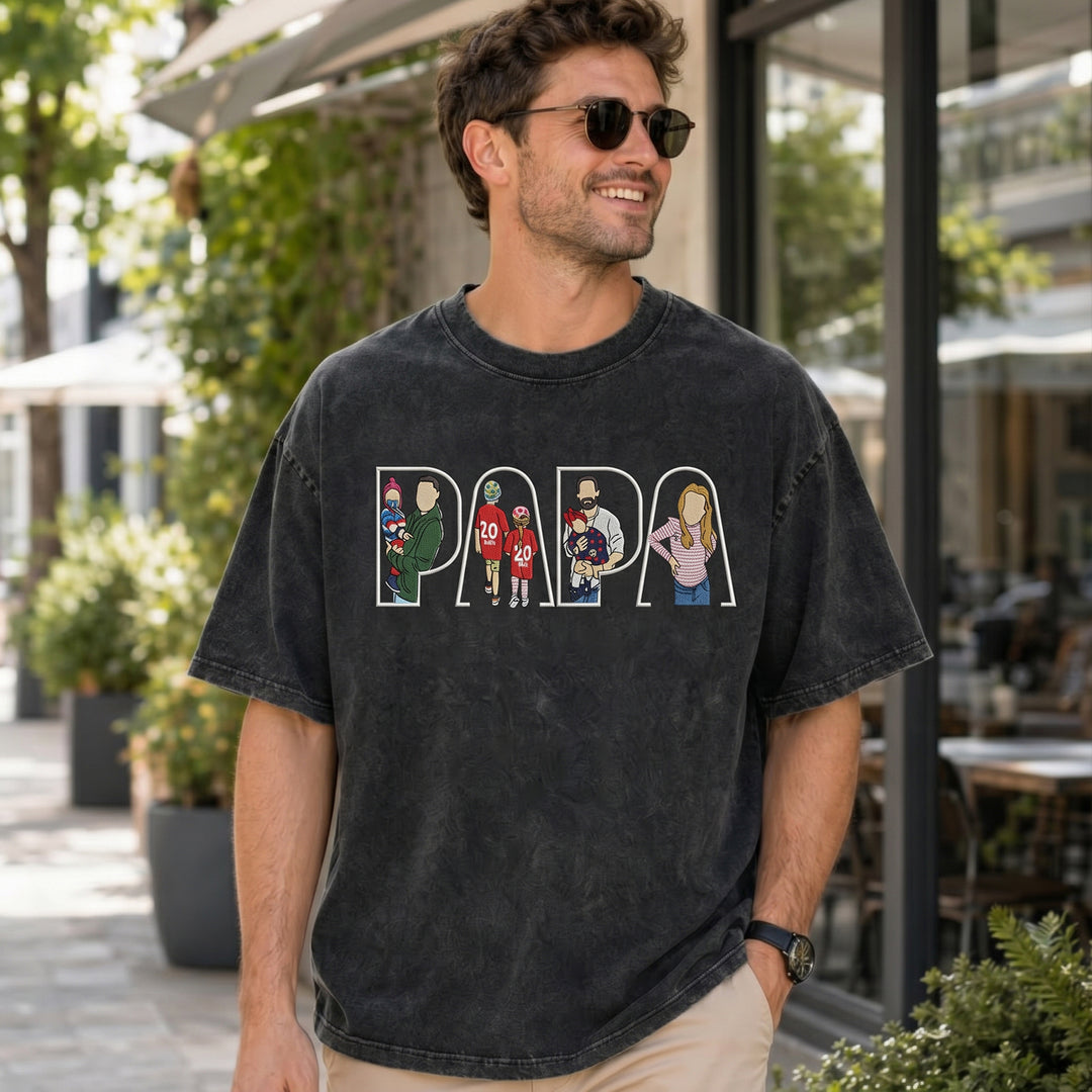 T-shirt lavé brodé avec photo personnalisée — Cadeau pour la fête des pères