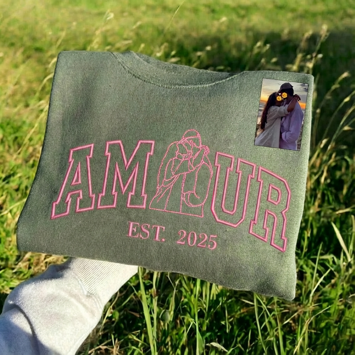 Sweat-shirt personnalisé avec portrait brodé photo AMOUR pour couple,Cadeaux de la Saint-Valentin💓