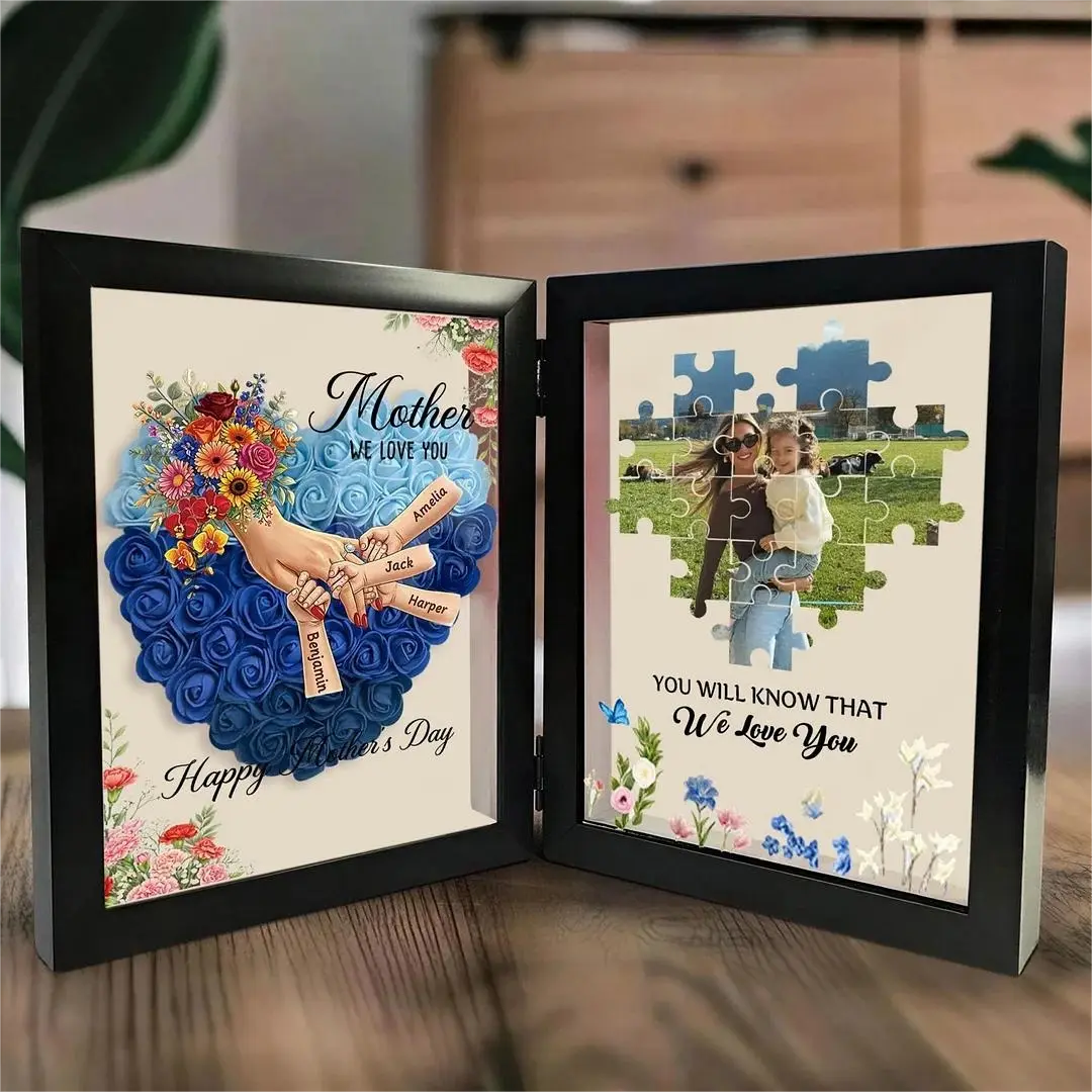 Cadre double personnalisé Fête des Mères avec prénoms – Mains entrelacées & photo